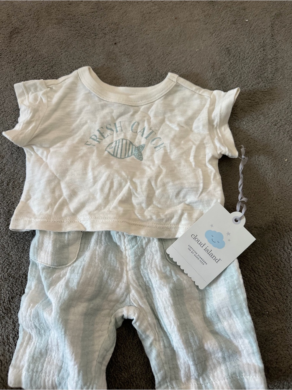 cloud island Cream Top with Light Blue Fish Graphic and Striped Pants